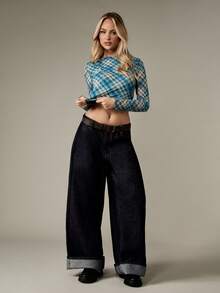 MISSGUIDED 斜格子印花长袖网眼上衣生菜边下摆 Y2K 时尚冬秋休闲弹力分层短款上衣基本款修身女式上衣 - 彩色 - 查看 3