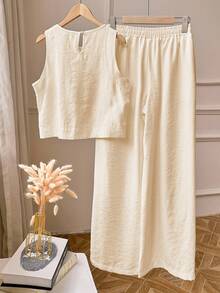 2pcs/Set Women Sleeveless Solid Color Tank Top & Pants Set, Back To School Clothes - Apricot - View 2