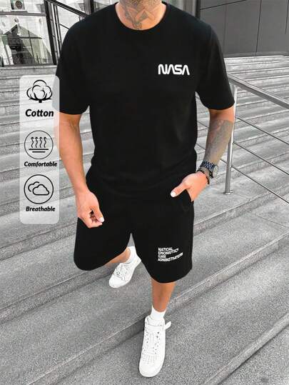 SHEIN Cottnline Heren Cottonline Letter Printed Regular T-shirtset