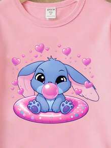 年轻女孩休闲时尚创意可爱卡通针线印花短袖上衣和喇叭裤套装 - 彩色 - 查看 5