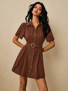 Poéselle Abito mini casual da donna con bottoni frontali, colore tinta unita, adatto per le vacanze - Castano - Visualizzare 3