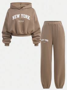 SHEIN 2pcs/Set Teen Girls Casual Letter Print Long Sleeve Crew Neck Sweatshirt And Sweatpants Set Teen 2 Piece Set Teen Girl Brown Set Teen Sweat Set New York Outfits Sweat Sets Tweens Comfy Fall Winter - Khaki - View 15