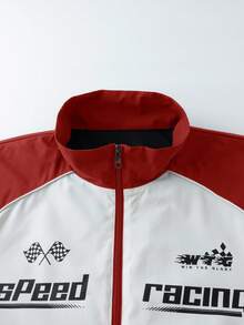 Manfinity EMRG Men's Contrast Color Letter Graphic Long Sleeve Jacket, Fall Outdoor Windbreaker, Grunge - Red - View 3