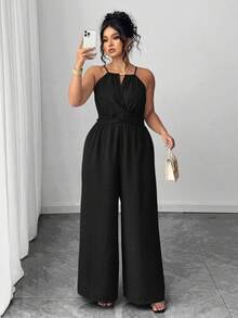 Rometta Plus Size Women's Casual Pleated Fabric Spaghetti Strap Beaded Waist Button & Bowknot Design Black Jumpsuit, Suitable For Spring/Summer, Back To School, Graduation, Valentine's Day, Music Festival, Mother's Day, Halloween, Thanksgiving, Easter, National Day, Prom, Date Party, Wedding, Outdoor Trips