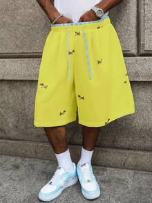 Manfinity Roghcode 男士小狗印花抽绳休闲短裤 - 黃色 - 查看 7