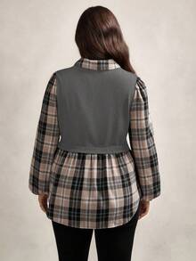 Zelara Plus Size Stand Collar Plaid Long Lantern Sleeve Knit Contrast Stitching Casual Casual Loose Blouse Shirts,Office Wear Women, Two Pieces In One With Button Decoration