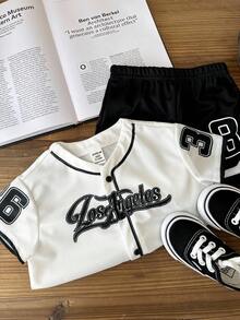 SHEIN 2pcs Baby Boys/Girls Letter Print V-Neck Short Sleeve Top And Elastic Waist Shorts Set