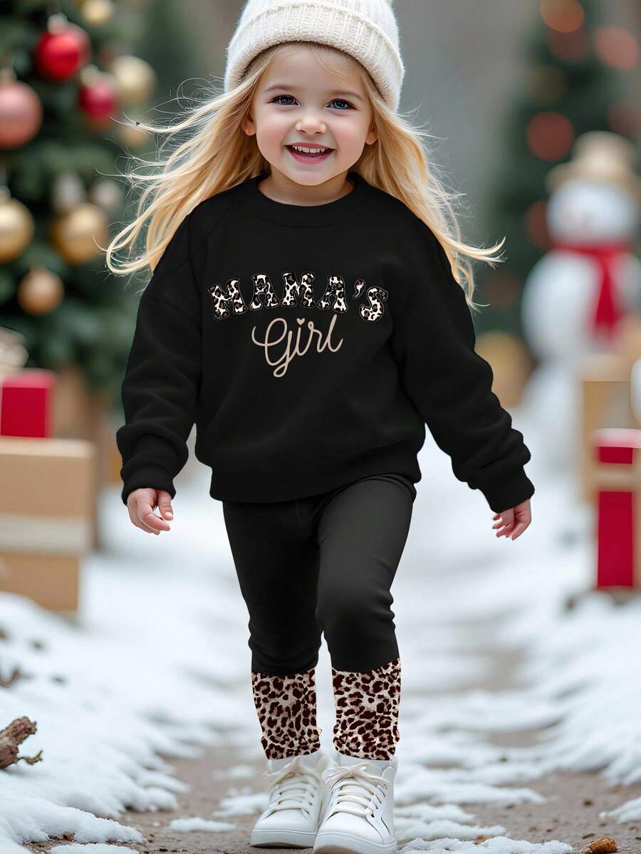 SHEIN Happikins 2pcs Toddler Girls' Casual Leopard Print "MAMA'S GIRL" Letter Graphic Long Sleeve Sweatshirt And Pants Set, Cartoon Print, Suitable For Autumn/Winter Fall - Multicolor - View 1