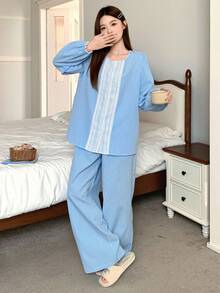 DAZY Plaid Contrast Ruffle Patchwork Lantern Sleeve Women Pajama Set, Fall Clothes - Blue - View 4