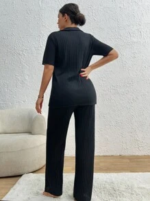 EURMUSE Women 2 Pcs Button Front Detail Short Sleeve Shirt And Long Bottoms Homewear Set - Black - View 2