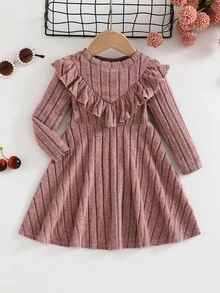 SHEIN Baby Mädchen einfarbiges gestricktes Kleid mit rundem Ausschnitt und Rüschensaum, Lässig