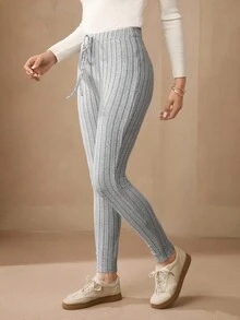 Wildy Tie Waist Ribbed Knit Bodycon Leggings - Grey - View 1