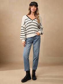 Wildy 系带后落肩后绑带毛衣女休闲条纹结后落肩长袖毛衣秋季毛衣保暖衣服冬季毛衣女毛衣、长袖上衣、针织毛衣 - 彩色 - 查看 4