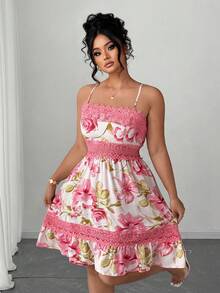 SHEIN Clasi 大码女式纯色简约日常蕾丝拼接吊带连衣裙新年衣服 - 彩色 - 查看 1