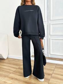 SHEIN PETITE SLEEVE CUT DETAIL SLOGANED SWEATSHIRT AND WIDE LEG PANTS - Black - View 4