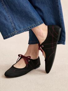 Women's New Black Round Toe Flat Shoes, Elastic Leather Fashion Ballet Flats, Comfortable Non-Slip Outsole Suitable For Outdoor, Daily Commute, Spring/Summer For Christmas - Black - View 7