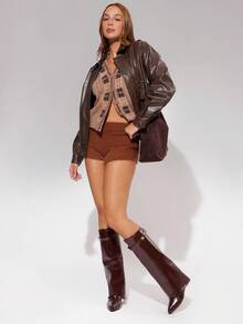 Solezae Women's Knee High Fold Over Pointy Toe High Heel Wedged Boots - Chocolate Brown - View 4