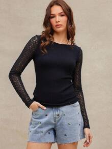 WESTFADE Western Cowgirl Lace Boatneck Ruched Split Side Semi Sheer Fitted Long Sleeve T-Shirt Spring Break - Black - View 2