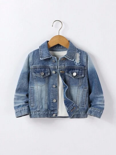 SHEIN Playful Pals 1 件年轻男孩休闲复古破洞牛仔夹克，时尚街头蓝色牛仔外套适合日常穿着