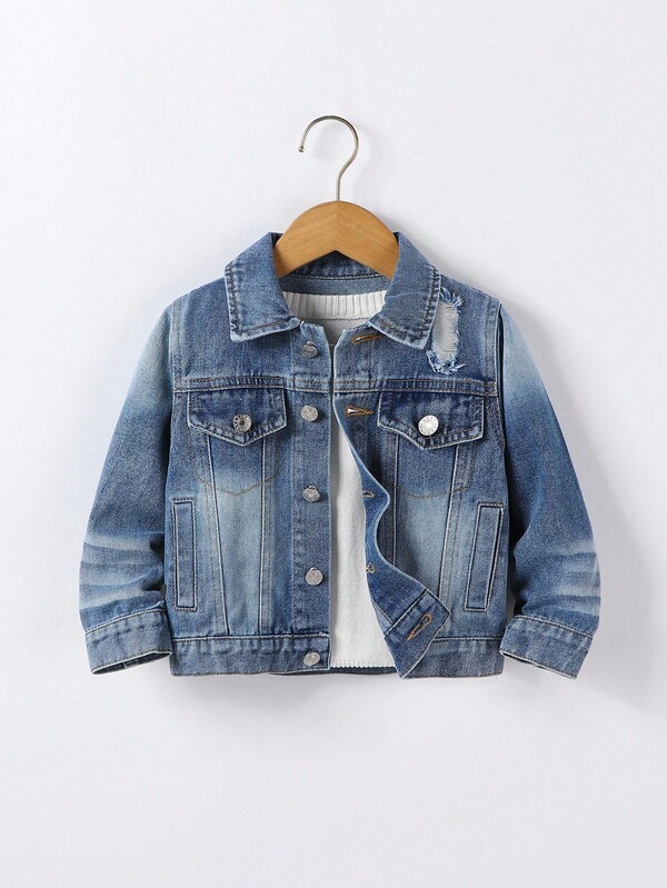 SHEIN Playful Pals 1 szt. chłopięca kurtka dżinsowa w stylu vintage, modna odzież wierzchnia w kolorze niebieskim, idealna do noszenia na co dzień