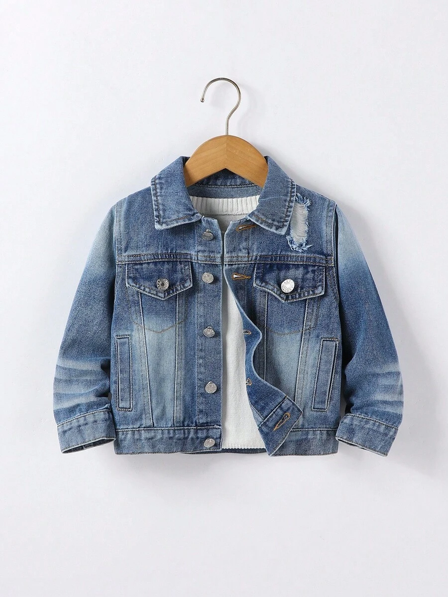 SHEIN Playful Pals 1 szt. chłopięca kurtka dżinsowa w stylu vintage, modna odzież wierzchnia w kolorze niebieskim, idealna do noszenia na co dzień