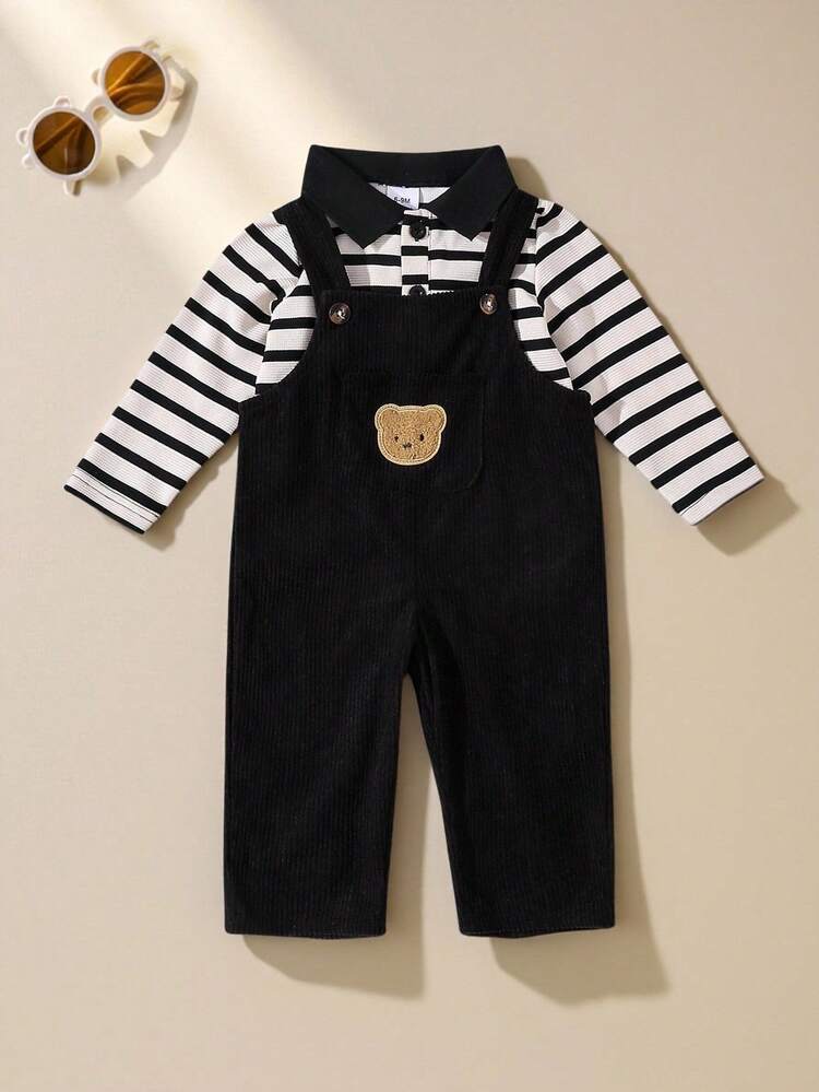SHEIN Vintaside Kids 2pcs Baby Boy/Unisex Infant 6-36 Months Striped Knit Polo Collar Cardigan & Black Corduroy Bear Embroidered Pants Set, Suitable For Outings And Casual Daily Wear Striped Long Sleeve Baby Outfit Baby Boy Jumpsuit Black And White Baby Boy Outfit Black Corduroy Baby Outfit Boy Baby Casual Sets Baby Boy Clothes Baby Boy Clothes Boy Clothes Sets Unisex Fall Baby Outfit Baby Boy Overall Jumpsuit Baby Outfits Unisex For Fall 12 Month Boy Clothes - Multicolor - View 4