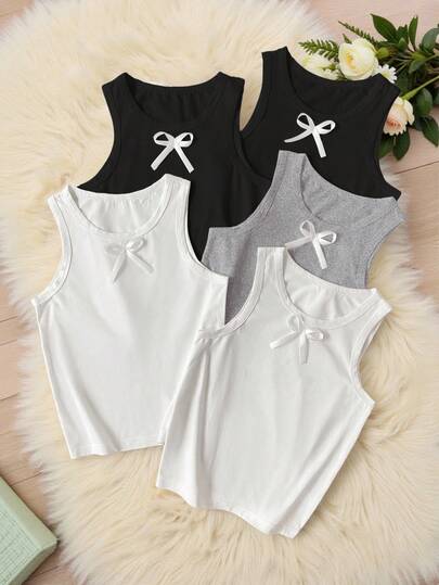 5 件女童无袖背心，白色，可爱蝴蝶结设计，舒适，有弹性，可机洗，配套服装（5 件单独出售）