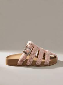 Solecia 女士时尚棕色露趾休闲系带舒适平底凉鞋，适合春夏季节 - 粉色 - 查看 1