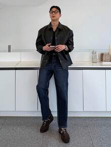 DAZY Giacca in pelle PU nera tinta unita da uomo, camicia da uomo a maniche lunghe autunnale