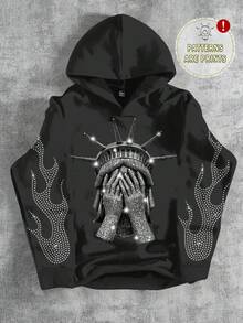 SHEIN Áo nỉ cho bé trai tuổi teen đính đá phong cách mùa thu đông, áo nỉ họa tiết, áo nỉ phong cách gothic cho bé trai, áo nỉ họa tiết đính đá, áo nỉ Of Liberty - màu đen - Xem 4