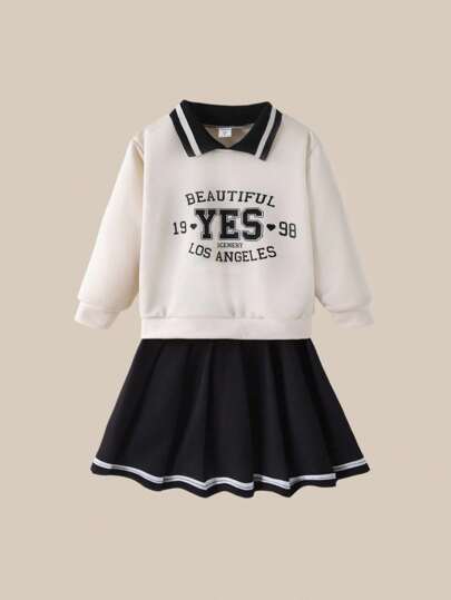 Conjunto de suéter y falda casual diario para niñas jóvenes: suéter de unicolor con estampado de letras, falda corta. Un conjunto de dos piezas de unicolor simple para niñas en otoño. Atuendos universitarios y ropa deportiva para el regreso a clases de la temporada 2025