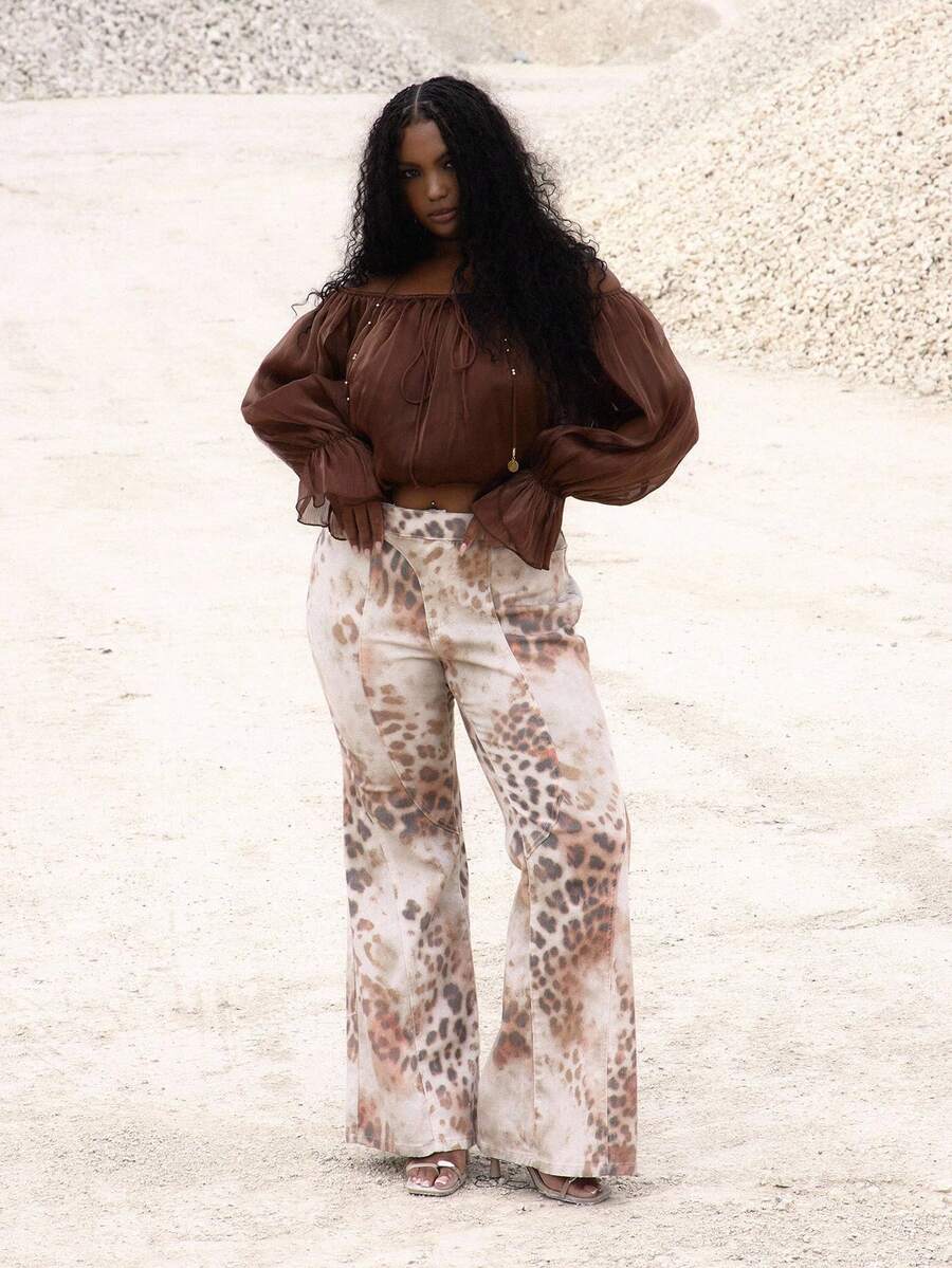 MUSERA 加大码印花修身喇叭牛仔裤，可爱假日优雅性感场合节日曲线魅力 - 彩色 - 查看 1