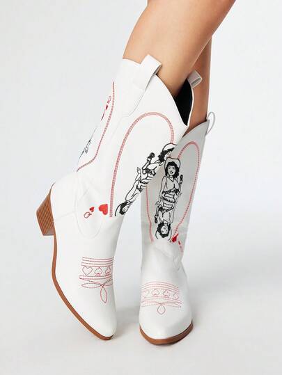 Goth Stivali bianchi da donna in pelle genuina con design traforato e ricamo, stile occidentale sopra il ginocchio, nuova per primavera e autunno