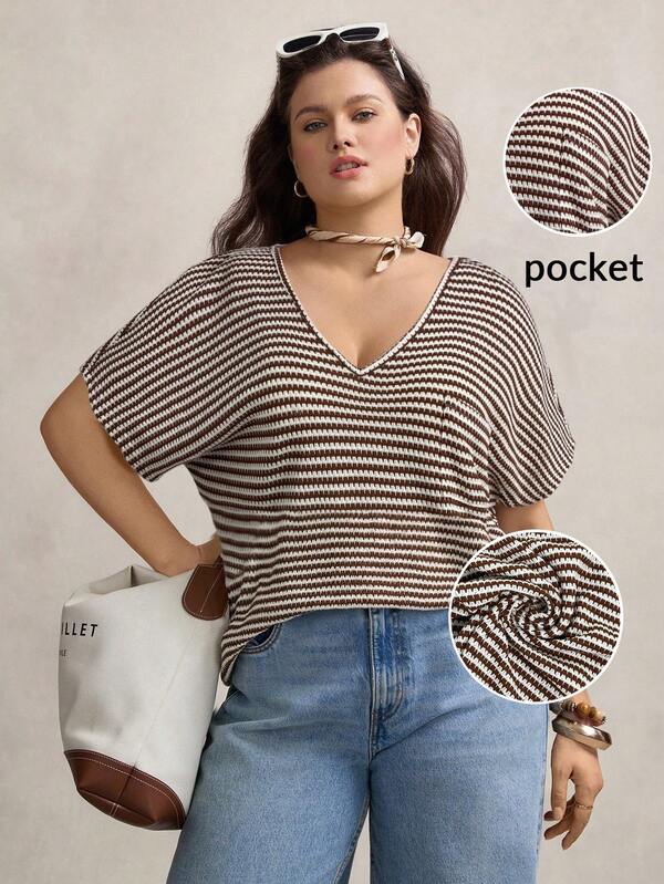 Zelara Camiseta casual de mujer talla grande con cuello en V a rayas y mangas tipo murciélago, estilo bohemio, para verano, atuendos de verano bohemios, atuendos de primavera para festivales y vacaciones de primavera