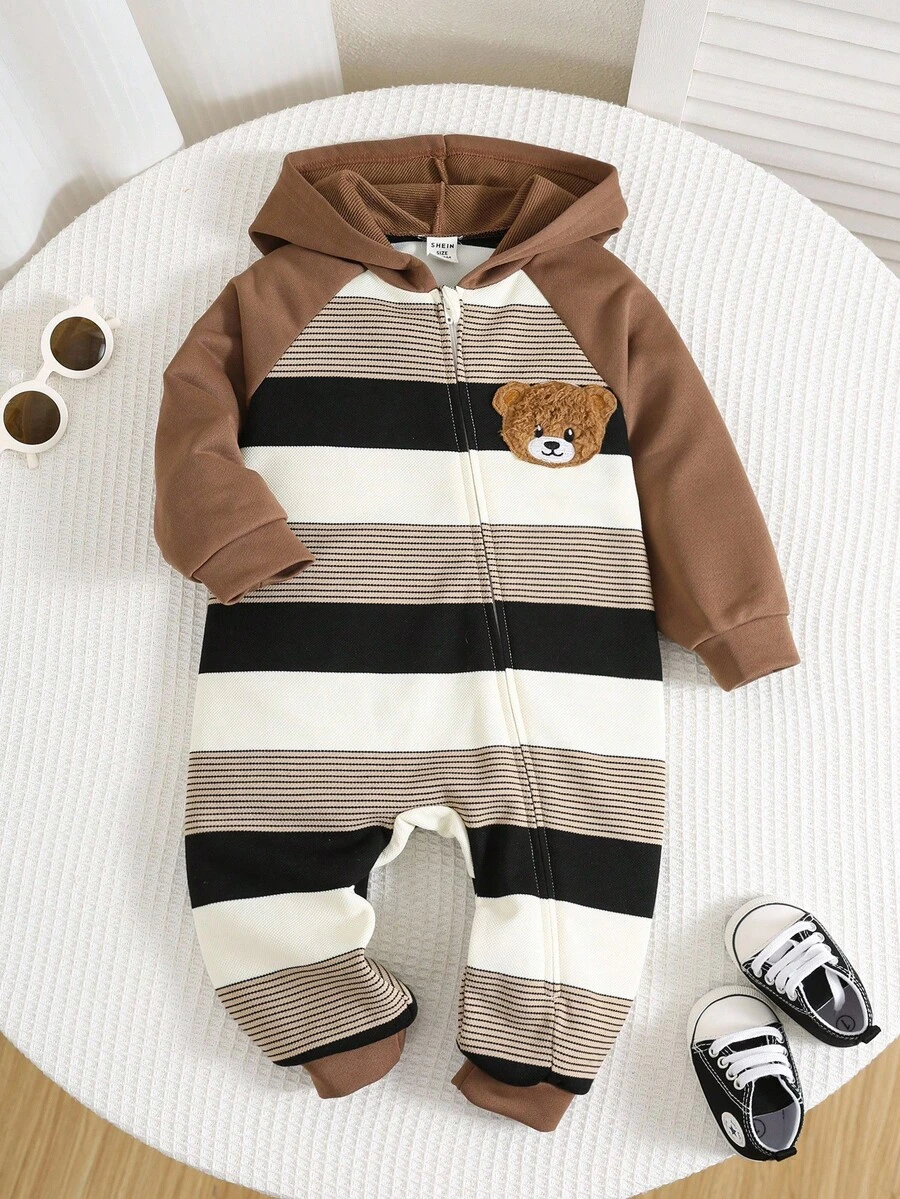 SHEIN 男婴秋冬服装套装，连体衣，加厚保暖斜拉链条纹撞色连帽连体衣，舒适百搭，时尚日常可爱小熊图案简约百搭，适合室内、室外、日常、运动、玩耍、派对、节日、万圣节、圣诞节、新年等场合。 - 卡其色 - 查看 1