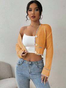 Chiquease Cardigan Pendek Elegan dengan Trim Warna Kontras untuk Wanita, Cocok untuk Musim Gugur dan Musim Dingin. - Kuning - View 3