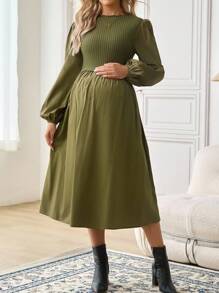 SHEIN 秋装,秋季服装,孕妇装 秋季服装 孕妇装 休闲/通勤 灯笼袖连衣裙 - 軍綠色 - 查看 9