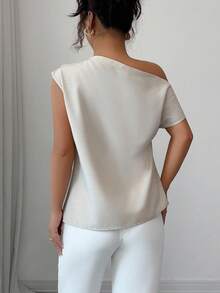 Elenzga 女士新款斜肩褶饰时尚简约百搭衬衫 - 卡其色 - 查看 2