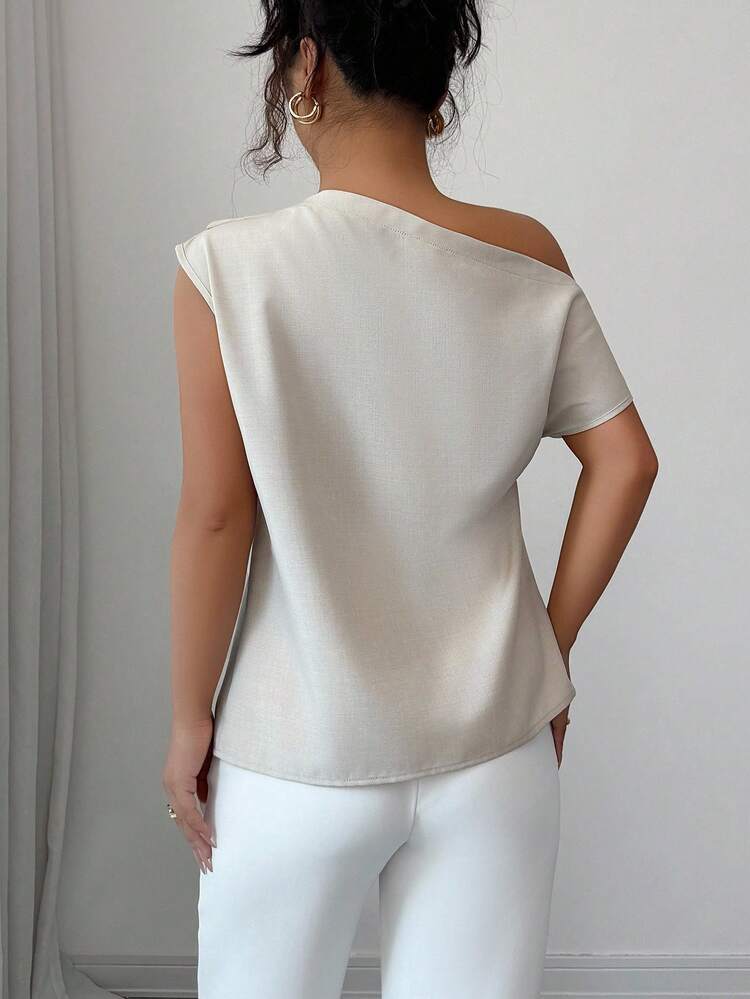 Elenzga Blouse plissée à l'épaule oblique, mode minimaliste polyvalente pour femmes - Kaki - Voir 2