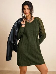 Freevana 大码女式纹理对比蕾丝插入长袖连衣裙女式毛衣连衣裙毛衣连衣裙橄榄色连衣裙绿色连衣裙秋季连衣裙女式冬装商务休闲女装女式秋装女式冬装女式办公室服装橄榄绿别致冬季商务 - 軍綠色 - 查看 2
