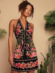 Travachic 女式花卉印花结饰前挂脖露背度假连衣裙，夏季，女式夏季服装，沙滩装，女式沙滩装，女式度假服装，女式演唱会服装，波西米亚风，热带度假女装，女式夏季连衣裙，假日服装 - 黑色 - 查看 5