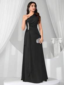 New Fashionable Elegant Slim Fit Asymmetric Neckline Sleeveless Dress - Black - View 4