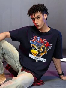 Transformers X SHEIN 男式机器人图案圆领短袖T恤 - 黑色 - 查看 1