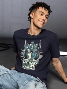 Transformers X SHEIN 男式字母与机器人图案圆领短袖T恤 - 藍色 - 查看 8