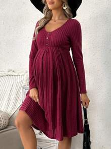 Cheriluna Maternity Maternity Solid Ribbed Collar Buttoned Front Midi Dress, Casual Round Neck Long Sleeve, Spring/Autumn - Burgundy - View 1
