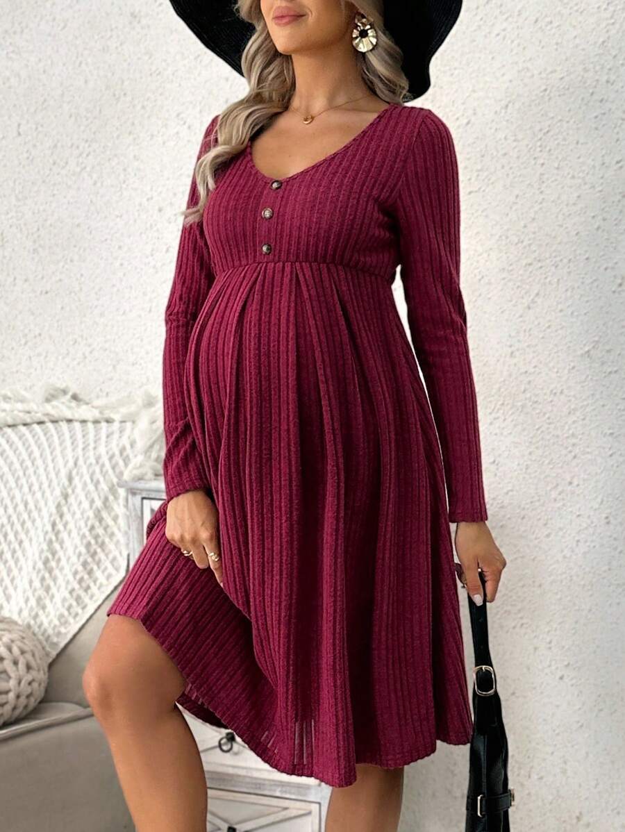 Cheriluna Maternity Maternity Solid Ribbed Collar Buttoned Front Midi Dress, Casual Round Neck Long Sleeve, Spring/Autumn - Burgundy - View 1