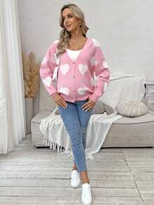 SHEIN Maternity Autumn/Winter Cardigan Sweater Jacket, Contrast Heart Casual Knit Cardigan - Pink - View 6