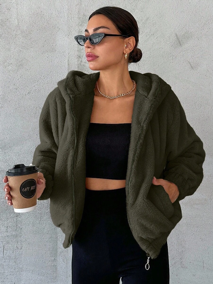 SHEIN Cottnline 女士帶有襯衫式領子的帽裝羊毛外套 - 卡其色 - 查看 1