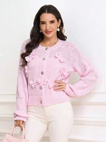 Ellevyn Women's Elegant Pink Long Sleeve 3D Bow Knit Sweater, Suitable For Dates, Vacations, Outings And Multiple Occasions In Autumn/Winterwedding Guest Dress Women