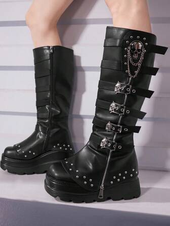 Black Leather Belt Buckle With Skull, Chain, Rivet Decor, Thick Sole Knee-High Boots For Women For Christmas And New Year Holiday Valentines Spring Shoes